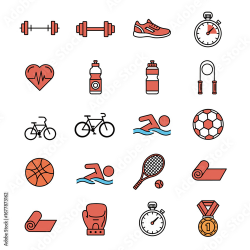 Collection of sports and fitness equipment arranged neatly on white backdrop representing healthy lifestyle and active living.