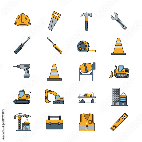 Construction equipment and tools arranged neatly representing building industry on white surface symbolizing progress and development.