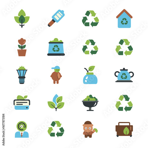 Collection of environmental symbols representing recycling and sustainable living displayed on white backdrop, promoting ecofriendly lifestyle with colorful and modern aesthetic.