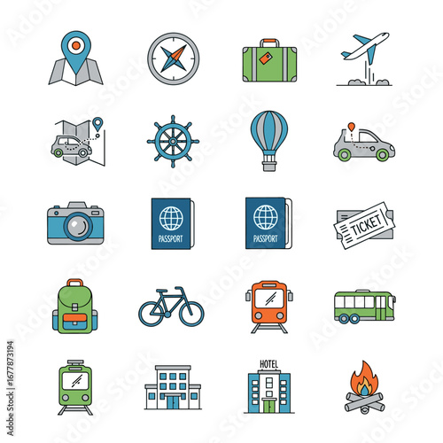 Colorful travel elements depicting various modes of transportation and navigation tools for vacation planning, conveying a sense of adventure and exploration.