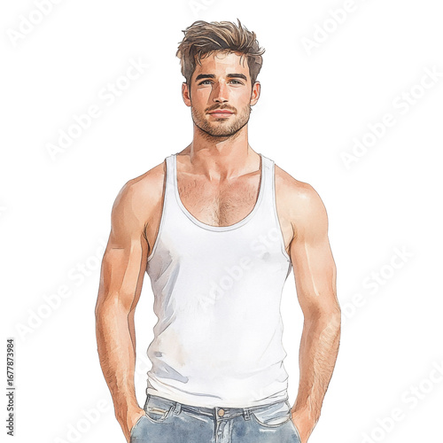 Man tank top casual muscular confident standing jeans young handsome relaxed