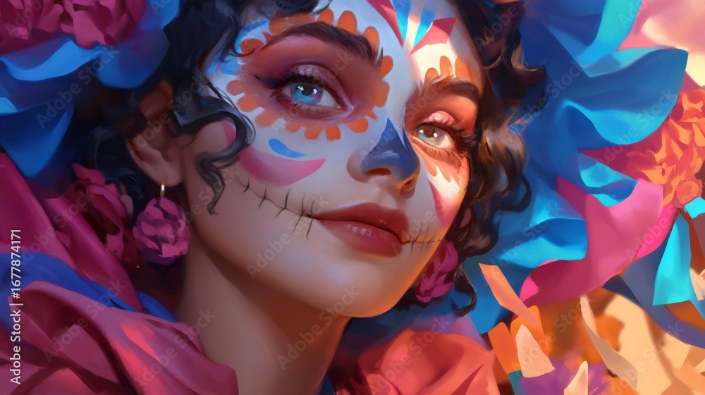 Obraz premium Woman with calavera face makeup. Traditional Mexican costume for Day of the Dead celebration. Dia de los Muertos culture.