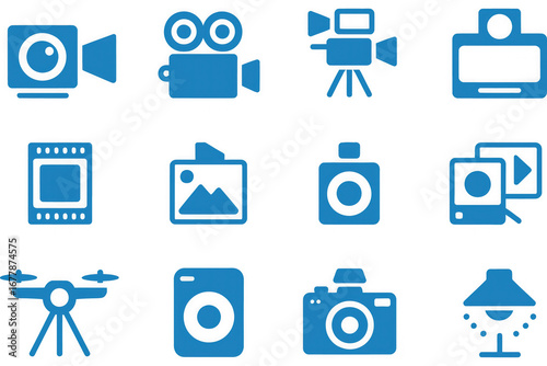 Multimedia Icons in Blue: A collection of minimalist  icons related to multimedia and visual technology, representing various camera and media formats and devices. 