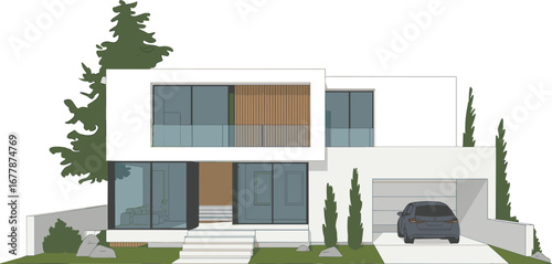 Modern house elevation, 3D architectural facade, luxury home exterior, minimalist villa design, residential building front view with landscaping.