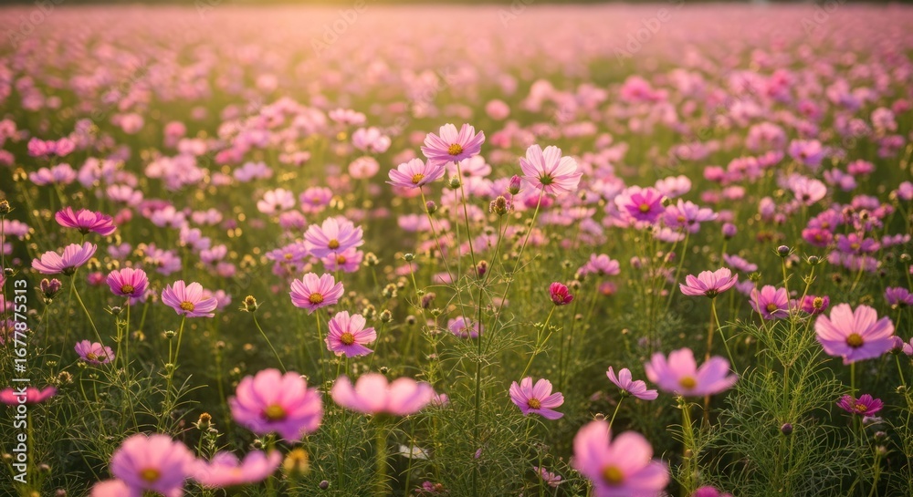 Naklejka premium Pink cosmos field at sunset (1)