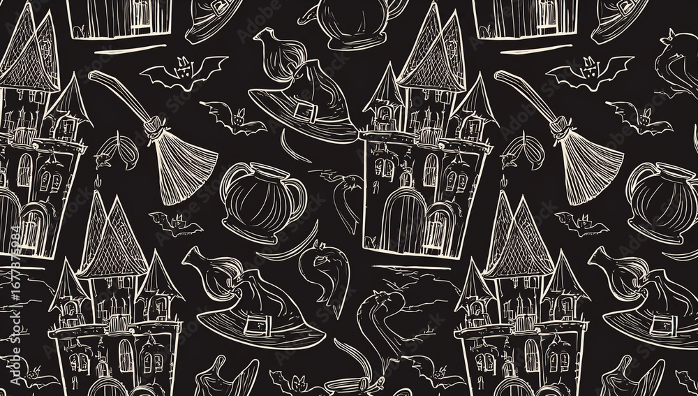 Seamless Halloween pattern with haunted castles, witch hats, brooms, bats, ghosts, and pumpkins in hand-drawn sketch style on dark background. Perfect for spooky seasonal design projects.