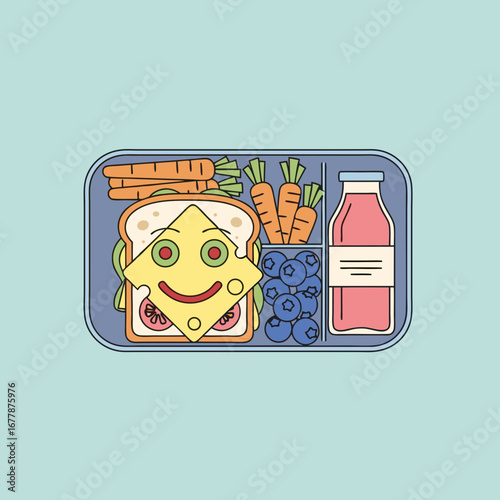 A fun food art bento box in a cartoon line art style. The sandwich features a happy character made from a diamond-shaped slice of Swiss cheese with veggie details.