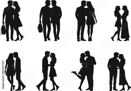 Romantic couple silhouette, love pose illustration, affectionate relationship vector, black figure artwork, emotional connection concept, intimacy gesture design, dating moment graphic