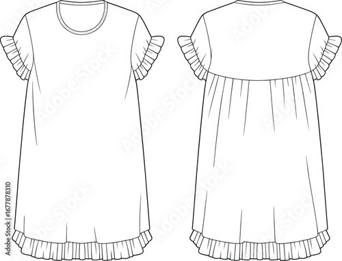 Ruffle sleeve baby doll dress CAD design with pleated hem and back yoke detail, technical flat vector sketch illustration template