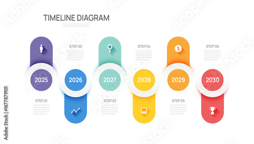 Business timeline infographic 6 Steps template. Business year milestone and strategy presentation.Vector illustration.