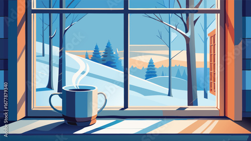 Snowy window scene, steaming mug on sill, frost patterns outside, minimalist line art with pastel wash.