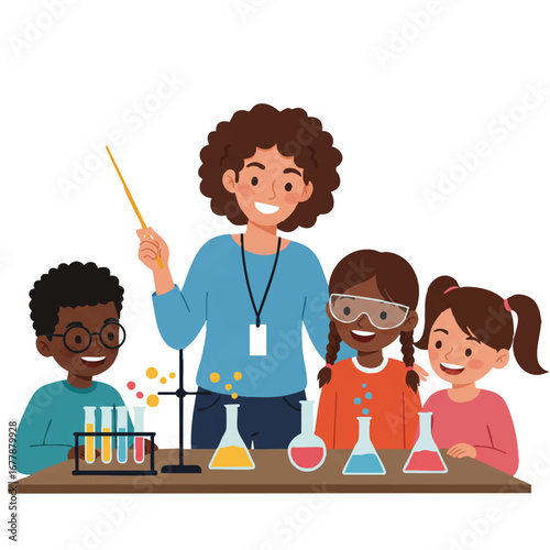 An engaging teacher guides enthusiastic students through an exciting hands-on science experiment, a 2D flat vector illustration with clean lines and solid colors.
