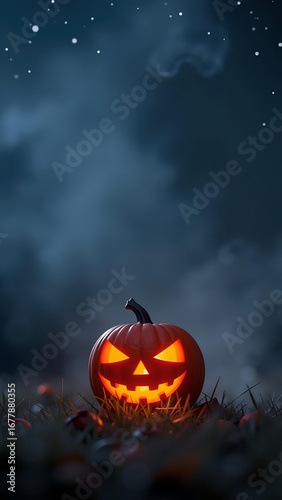 A unique Halloween scene featuring intricately carved pumpkins glowing with warm light.
