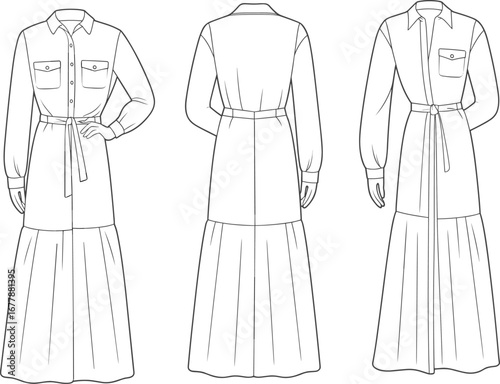 shirt style maxi dress cad drawing flat vector illustration, featuring button down front, long sleeves, chest pockets, waist belt, and tiered skirt.