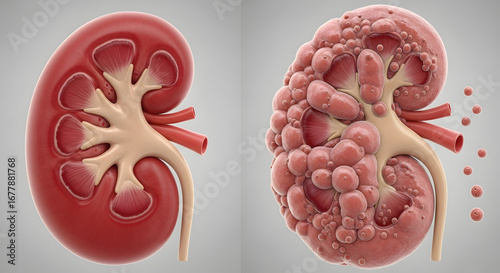 A medical illustration comparing a healthy human kidney with one affected by polycystic kidney disease, showing numerous cysts.