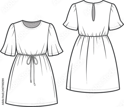 Short sleeve dress technical sketch, front and back view, waist tie detail, round neck, casual wear, CAD flat fashion drawing
