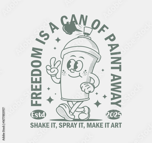 Retro cartoon spray can character with a playful graffiti art design. Perfect for streetwear apparel, poster prints, stickers, and urban culture projects