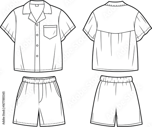 Short sleeve shirt and shorts technical fashion flat sketch, front and back cad vector template for casual summer menswear design