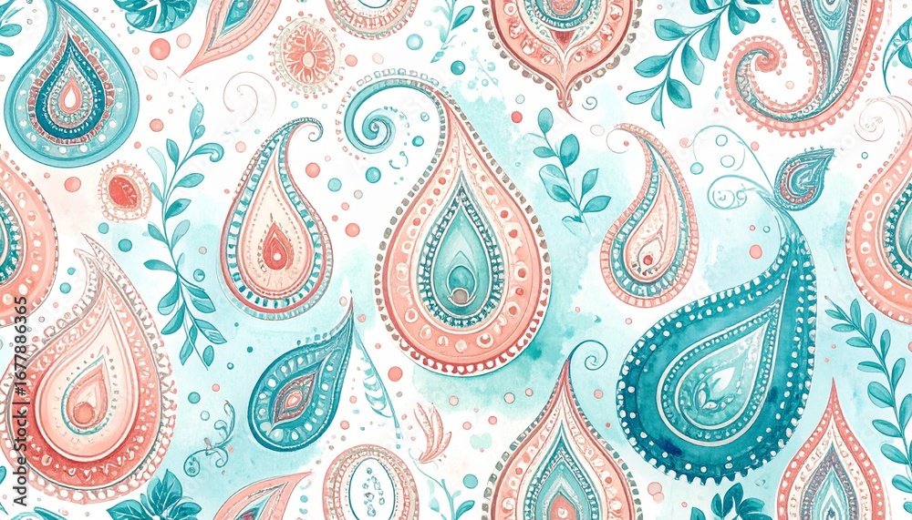 Fototapeta premium Bohemian Watercolor Paisley Pattern Teardrop Motifs, Swirling Vines, and Delicate Artistry