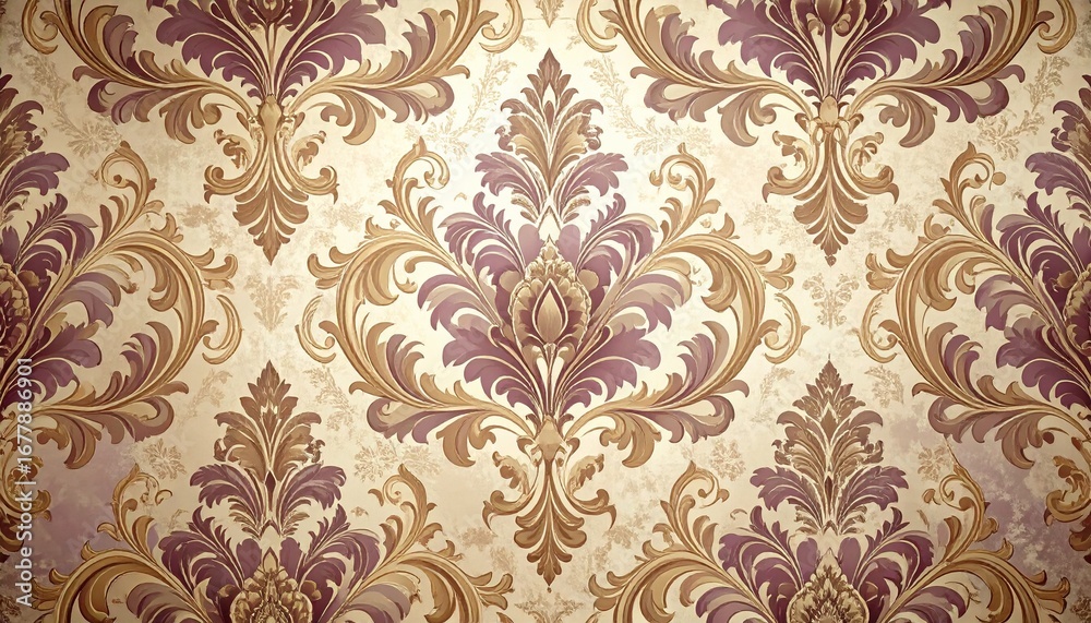 Fototapeta premium Elegant seamless classic damask pattern in luxurious gold and rich purple tones for sophisticated interior design