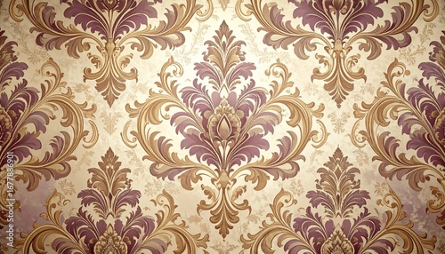 Elegant seamless classic damask pattern in luxurious gold and rich purple tones for sophisticated interior design