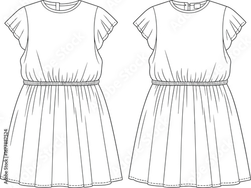 Short, casual, gathered, waist, dress, with, flutter, sleeves, elastic, waistband, simple, round, neckline, summer, outfit, fashion, design, vector, flat, template