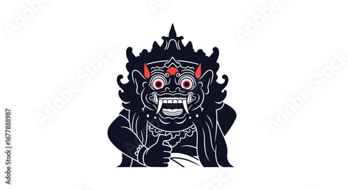 An ancient Indonesian mythological creature, a fearsome demonic guardian with wide eyes and sharp teeth, presented in a stark, graphic illustration against a white background