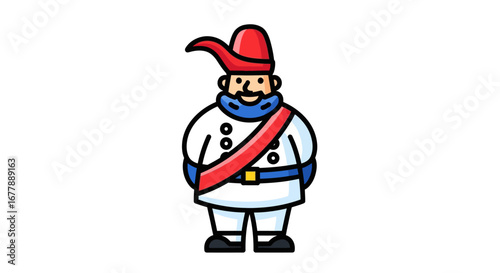 An illustration of a soldier in a traditional uniform, featuring a distinctive red hat, white coat with a red sash, and blue accents, set against a plain background