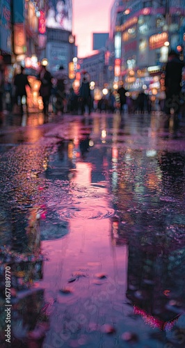 Wallpaper Mural Rainy City Night with Neon Reflections on Wet Pavement. Torontodigital.ca