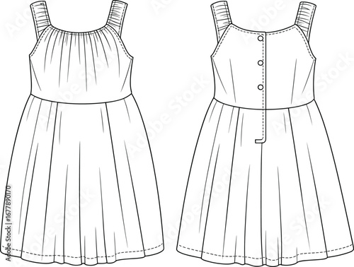 Sleeveless gathered summer dress with wide straps, back button closure, pleated skirt, technical fashion flat sketch, CAD vector illustration