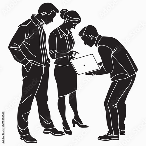 Vector of three coworkers huddling in a meeting