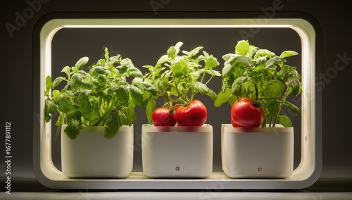 Indoor hydroponic garden with tomatoes and plants under LED lighting.