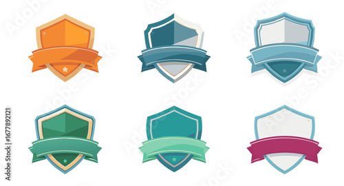 Colorful Shield Badges with Ribbons and Star Elements.