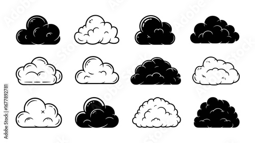 Cloud icons in a black and white vector set, depicting fluffy, stormy, and cartoonish weather elements, perfect for a wide range of designs.