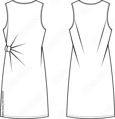 Sleeveless sheath dress technical sketch, side knot detail, front and back flat illustration, CAD fashion drawing, apparel template vector
