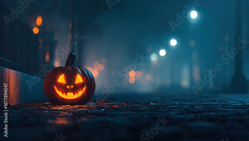 Spooky Halloween scene with glowing jack-o-lantern on a dark path.