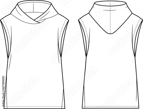 Sleeveless women’s top CAD design with crossover high neck collar, technical flat sketch front and back vector fashion illustration