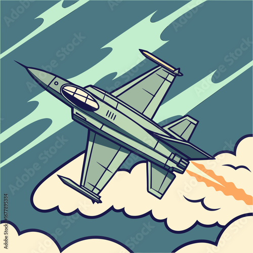  Soaring Sky Defender: A sleek military jet streaks across a stylized sky, showcasing aviation power and speed against a backdrop of clouds and atmospheric elements.
