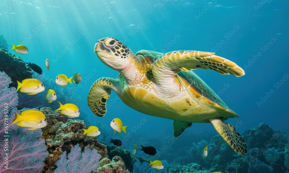 Obraz premium Sea turtle swims above coral reef. Sunlight streams through water