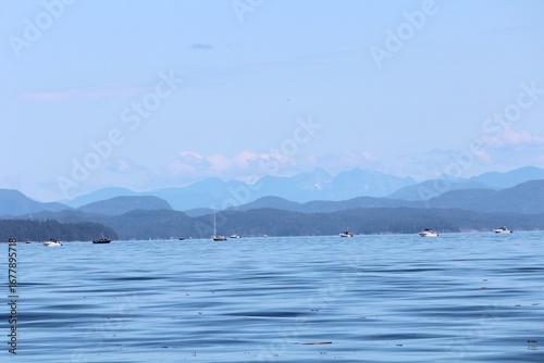 Boats trolling for salmon off Campbell River, with calm blue water and layered coastal mountains creating a peaceful summer fishing scene