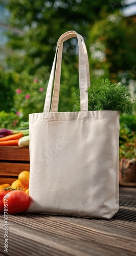 Eco friendly white canvas tote bag mockup on wooden table with fresh vegetables.