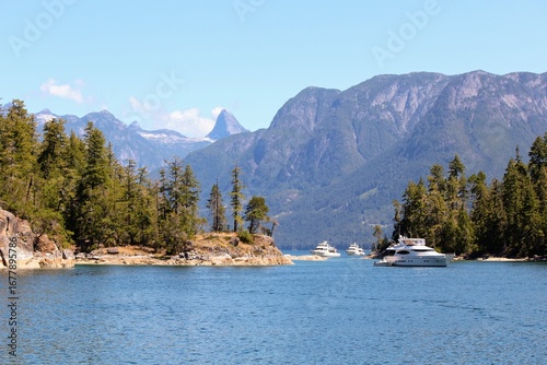 Fototapeta Luxury yachts anchored in a calm blue inlet surrounded by evergreen trees and rugged mountains under a clear summer sky at Prideaux Haven, Desolation Sound, British Columbia