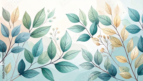 Soft watercolor botanical pattern featuring elegant green and yellow leaves on a gentle background
