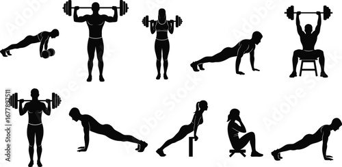 Silhouettes of men and women performing weightlifting, push-ups, tricep dips, and sit-ups, strength training, fitness workout exercises.