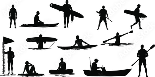 Silhouettes of people kayaking, canoeing, paddleboarding, and boating on water, outdoor water sports activities, summer adventure, active lifestyle.