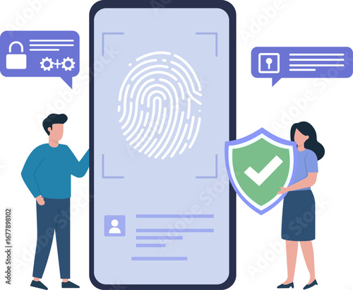 This flat vector shows mobile security with fingerprint biometrics for user authentication and data protection, ensuring secure access and privacy