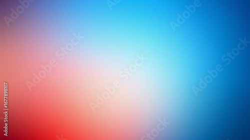 Warm color palette, reds, oranges, yellows, grainy blue gradient background from light azure to dark cerulean.