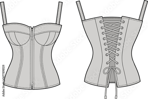 Stylish women’s corset top with zipper front and lace-up back, fashion CAD technical drawing for lingerie or eveningwear design