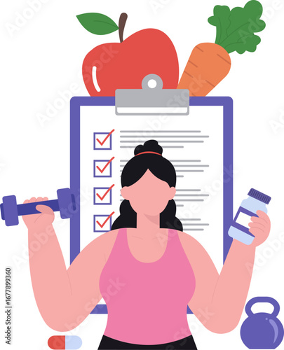 A flat vector illustrating a holistic approach to health, combining exercise, proper nutrition, supplements, and a planned checklist for achieving wellness goals