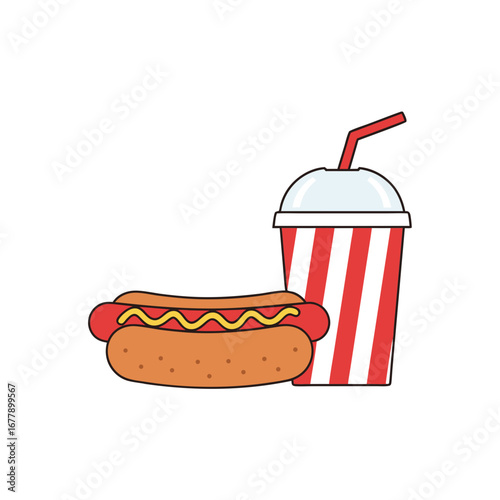 Classic hotdog with sausage and mustard served with soda drink in striped cup for fast food and sports snack vector illustration